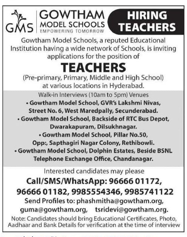 Hyderabad, Gowtham Model Schools Teachers Recruitment 2026 Daily Walk in interview