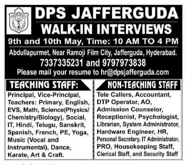 Jafferguda, Delhi Public School Teachers, Non-Teaching Staff Jobs Recruitment 2026 Walk in Interview