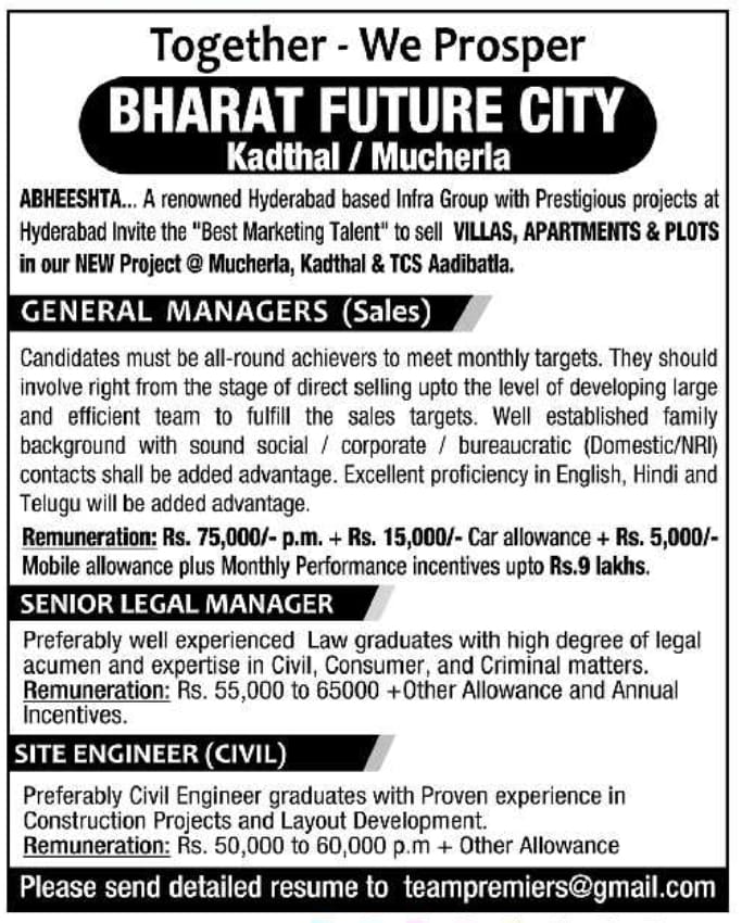 Bharat Future City Recruitment 2026 – Marketing, Legal & Civil Engineer Jobs in Hyderabad