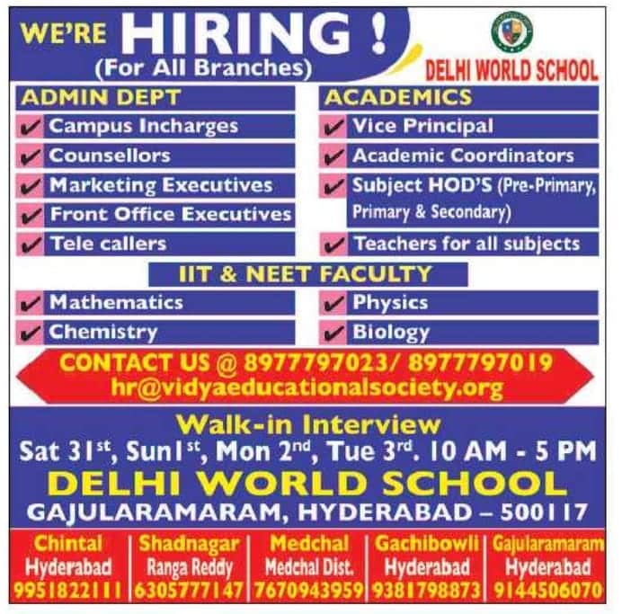 Delhi World School Hyderabad Teaching & Non-Teaching Jobs Recruitment 2026