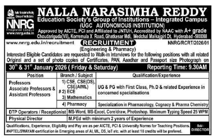 NNRG Group of Institutions Recruitment 2026 – Associate Professor, Assistant Professor & Non-Teaching Jobs in Hyderabad