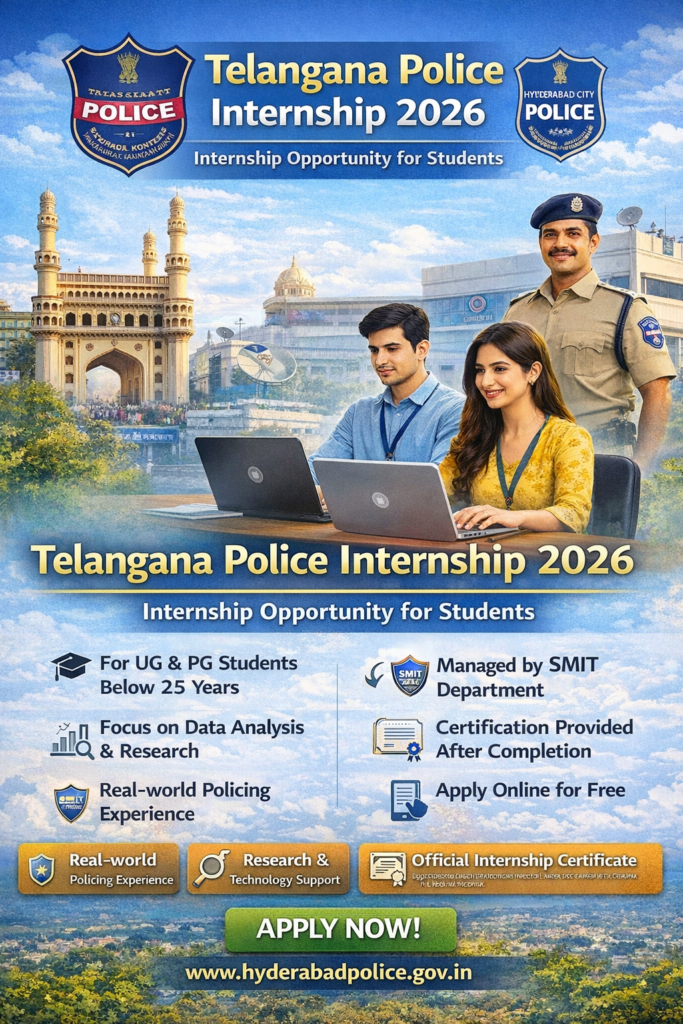 Telangana Police Internship 2026 – Hyderabad City Police Internship Program for Students 1 Apply for Telangana Police Internship 2026 by Hyderabad City Police. UG PG students below 25 years eligible for data analysis and research internship