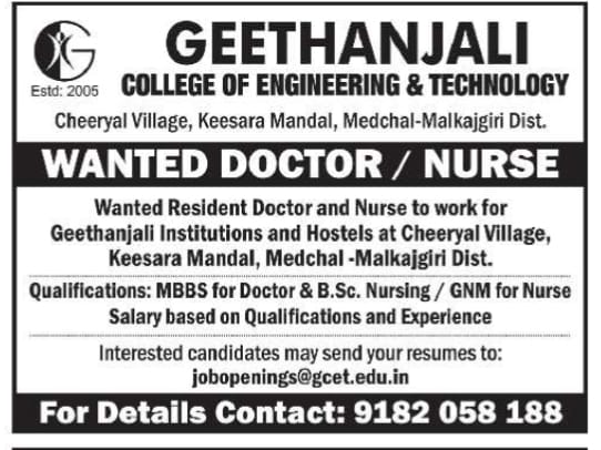 Geethanjali College Recruitment 2026 | Doctor & Nurse Jobs in Medchal-Malkajgiri District