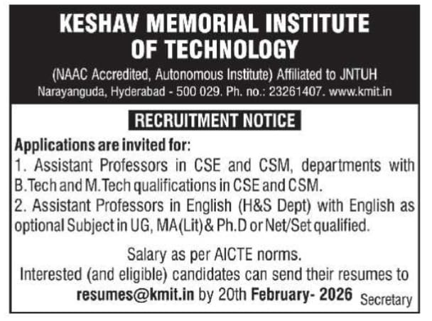 KMIT Assistant Professor Recruitment 2026 | Apply for CSE, CSM & English Faculty Posts in Hyderabad