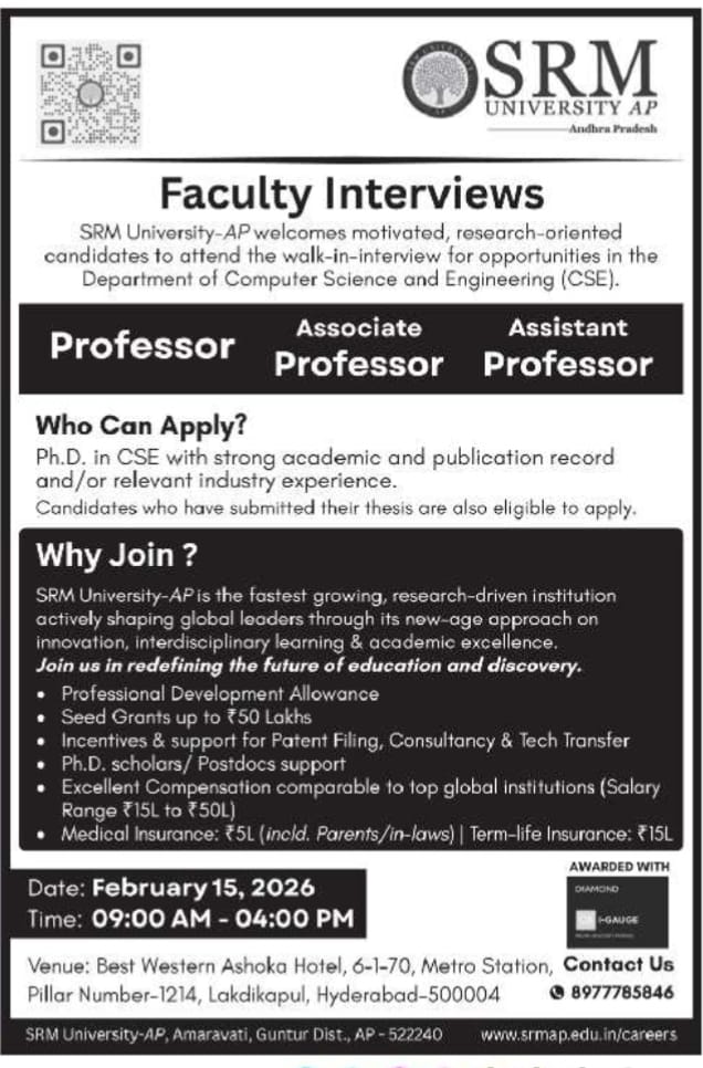 SRM University AP Faculty Recruitment 2026 | CSE Professor Jobs Walk-in Hyderabad