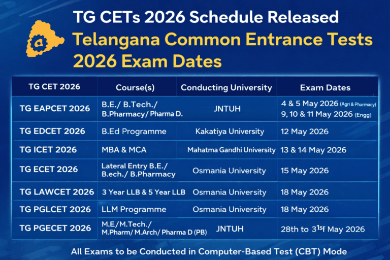 TG CETs 2026 Schedule Released – Telangana Common Entrance Tests 2026 Exam Dates