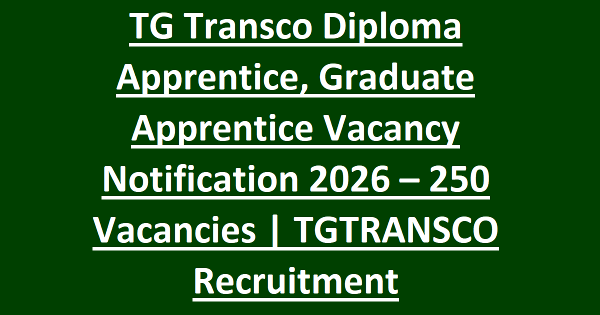 TG Transco Diploma Apprentice, Graduate Apprentice Vacancy Notification 2026 – 250 Vacancies - TGTRANSCO Recruitment