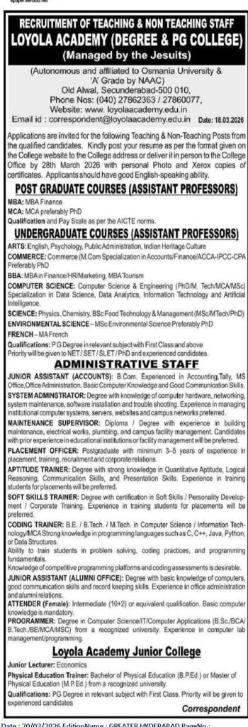 Loyola Academy Secunderabad Recruitment 2026 – Assistant Professors, Administrative Staff & Junior Lecturer Jobs