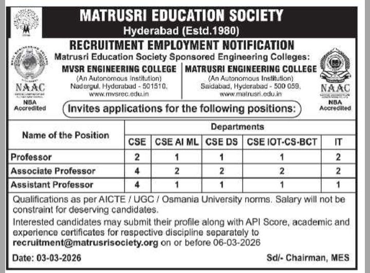 Matrusri Education Society Faculty Recruitment 2026 – Assistant Professor Jobs in Hyderabad