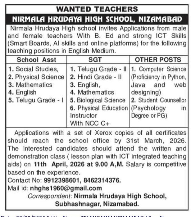 Nizamabad Nirmala Hrudaya High School Assistants, SGT Teachers, Computer Science Teacher, and Student Counsellor Jobs