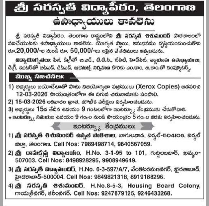 Sri Saraswathi Vidyapitham Teachers Recruitment