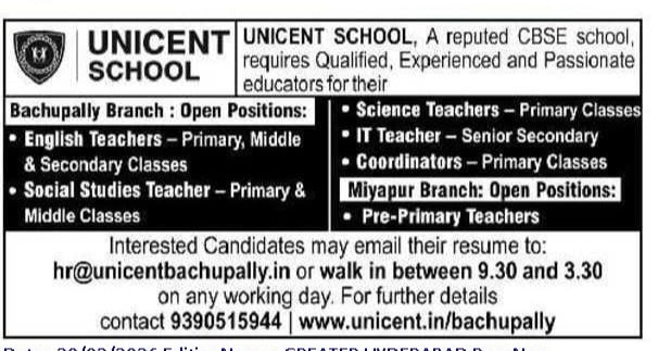 UNICENT School Recruitment 2026 Notification – Teachers, IT Teacher, Coordinators & Pre-Primary Posts