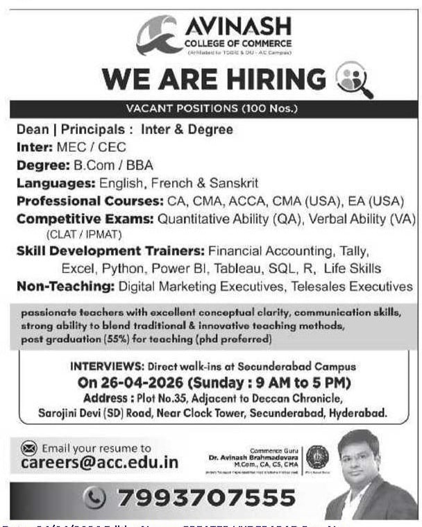 Avinash College of Commerce Hyderabad Recruitment 2026 Apply for Teaching and Non Teaching Jobs