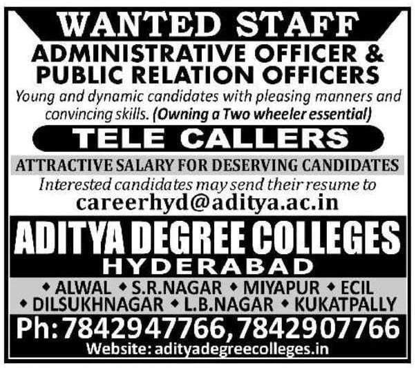 Aditya Degree Colleges Hyderabad Recruitment 2026 – Administrative Officer, PRO & Tele Caller Jobs