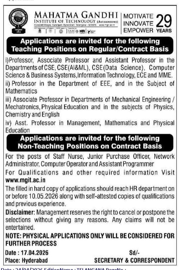 MGIT Hyderabad Recruitment 2026 Apply for Professor Assistant Professor and Staff Jobs Apply before 10 May 2026