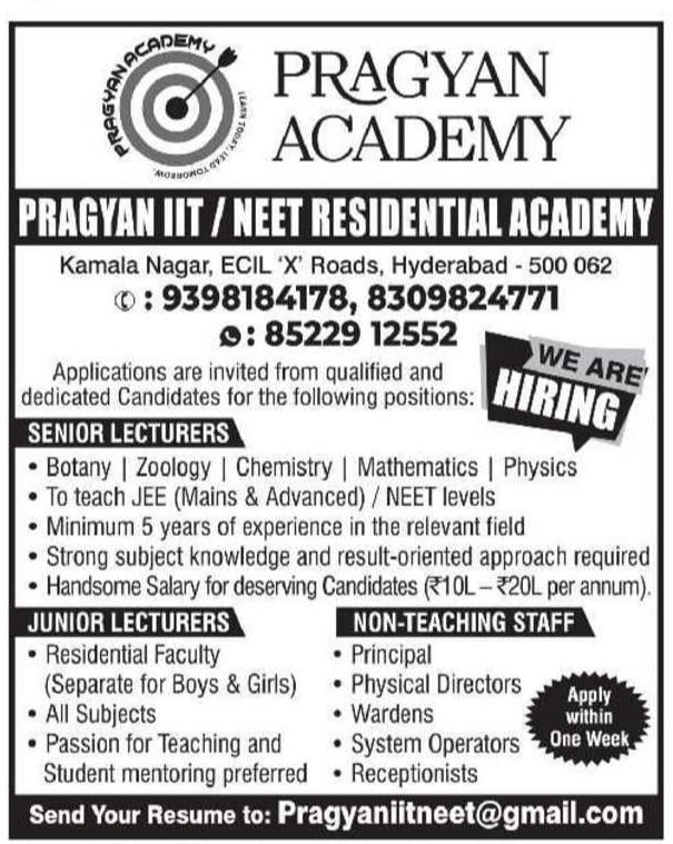 Pragyan IIT NEET Residential Academy Sr Lecturer, JL, PD, System Operator, Warden, Receptionist Jobs in Hyderabad