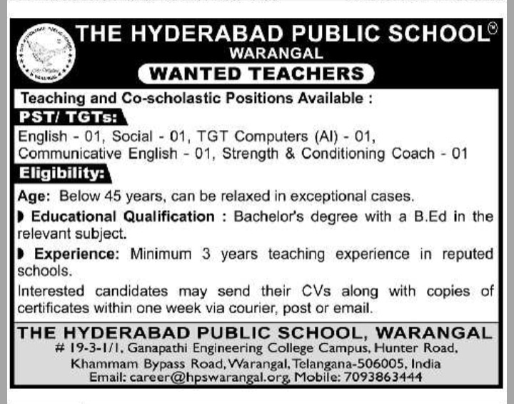 Hyderabad Public School Warangal Recruitment 2026 Apply for PST and TGT Teacher Jobs