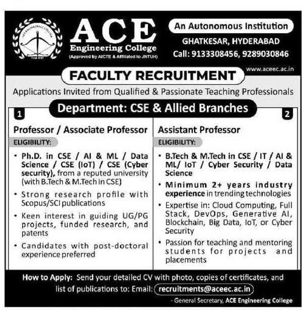 ACE Engineering College Hyderabad Recruitment 2026 Apply for Professor and Assistant Professor Jobs