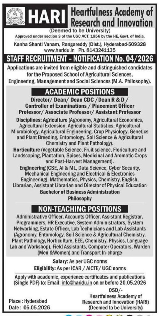 HARI University Hyderabad Recruitment 2026 – Professor, Assistant Professor & Non Teaching Jobs
