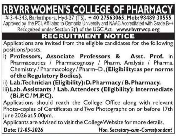 Hyderabad RBVRR Women’s College of Pharmacy  Professor, Lab Technician & Lab Assistant Jobs 2026