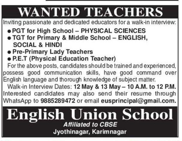 Karimnagar English Union School | Walk-in for PGT, TGT, Pre-Primary Teacher & PET Jobs 2026