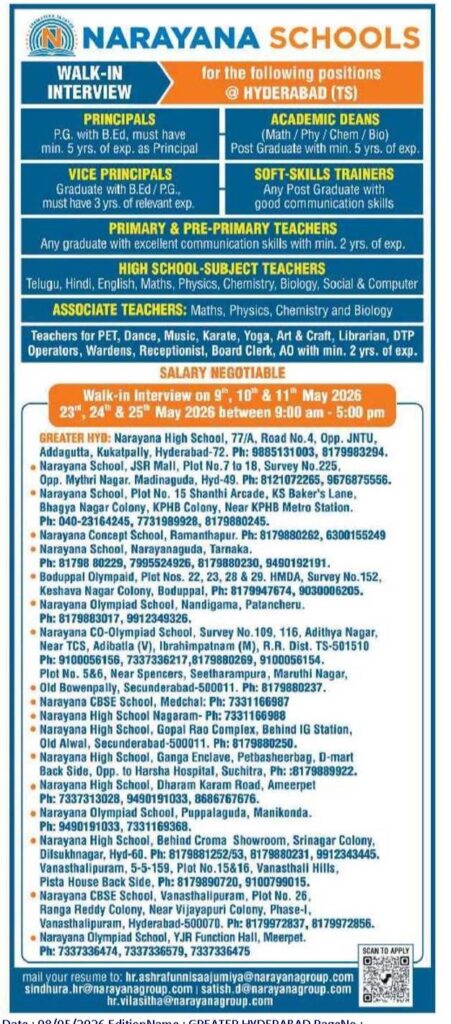 Narayana Schools Hyderabad Recruitment 2026 – Walk in Interview for Teachers, Principals & Academic Dean Jobs