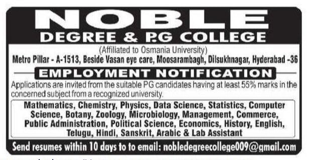 Noble Degree & PG College Hyderabad Faculty Recruitment 2026 – Apply for Lecturer Jobs in Dilsukhnagar