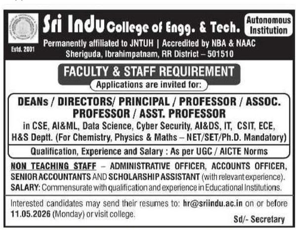 Sri Indu College of Engineering & Technology Hyderabad Faculty Recruitment 2026 – Professor, Assistant Professor & Non-Teaching Jobs