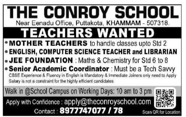 The Conroy School Khammam Recruitment 2026  Teacher Jobs, Librarian & Academic Coordinator Vacancies