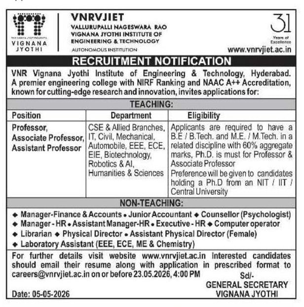 VNR VJIET Hyderabad Faculty Recruitment 2026 – Professor, Assistant Professor & Non Teaching Jobs