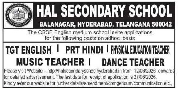 HAL Secondary School Hyderabad Recruitment 2026  – TGT English, PRT Hindi, PET, Music Teacher & Dance Teacher Jobs
