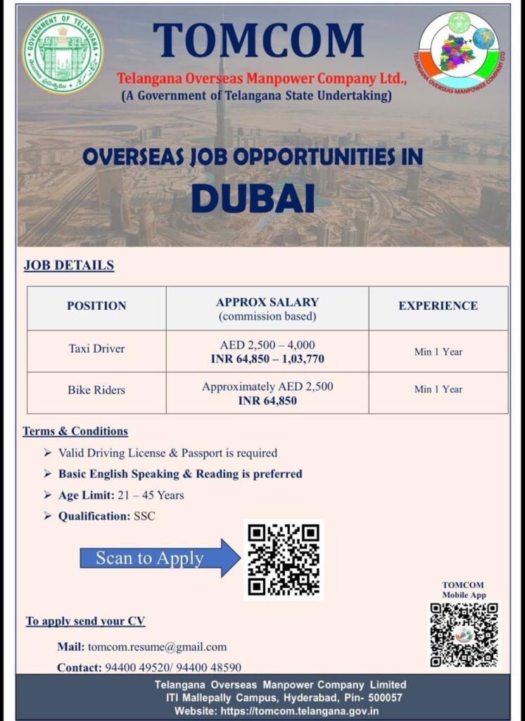 TOMCOM Dubai Taxi Drivers, Bike Riders Recruitment 2026 – Apply Online for Overseas Job Opportunities in Dubai