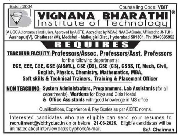 Vignana Bharathi Institute of Technology Faculty Recruitment 2026 – Professor, Associate Professor, Assistant Professor, TPO, System Administrator Jobs