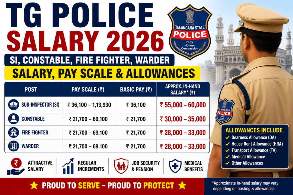 TG Police Salary 2026 – SI, Constable, Fire Fighter, Warder Salary, Pay Scale & Allowances