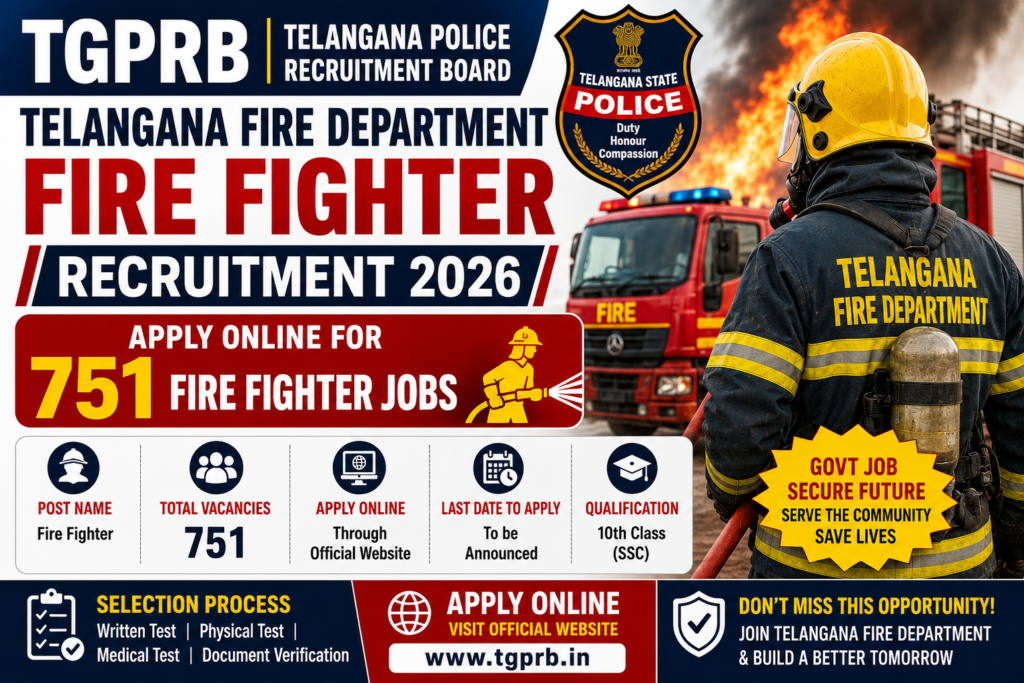 TGPRB Telangana Fire Department Fire Fighter Recruitment 2026 – Apply Online for 751 Fire Fighter Jobs 1 TGPRB Telangana Fire Department Fire Fighter Recruitment 2026 – Apply Online for 751 Fire Fighter Jobs