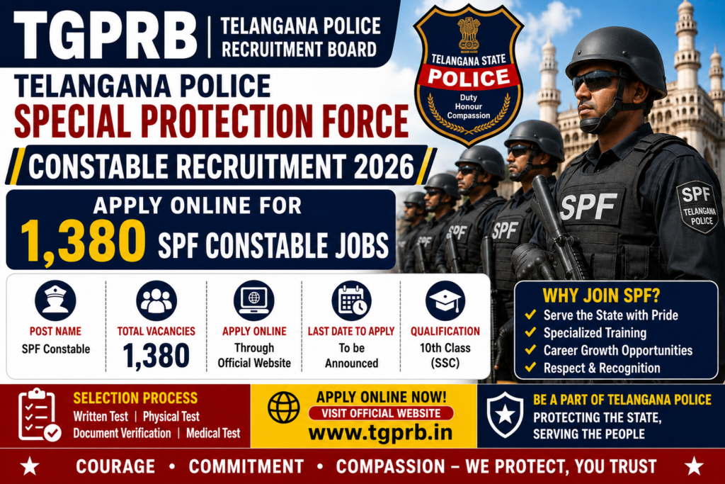 TGPRB Telangana Police Special Protection Force Constable Recruitment 2026 – Apply Online for 1,380 SPF Constable Jobs