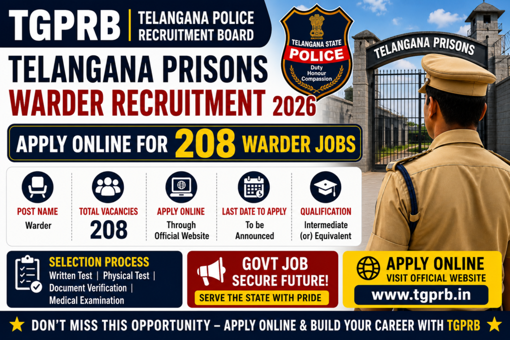 TGPRB Telangana Prisons Warder Recruitment 2026 – Apply Online for 208 Warder Jobs 1 TGPRB Telangana Prisons Warder Recruitment 2026 – Apply Online for 208 Warder Jobs