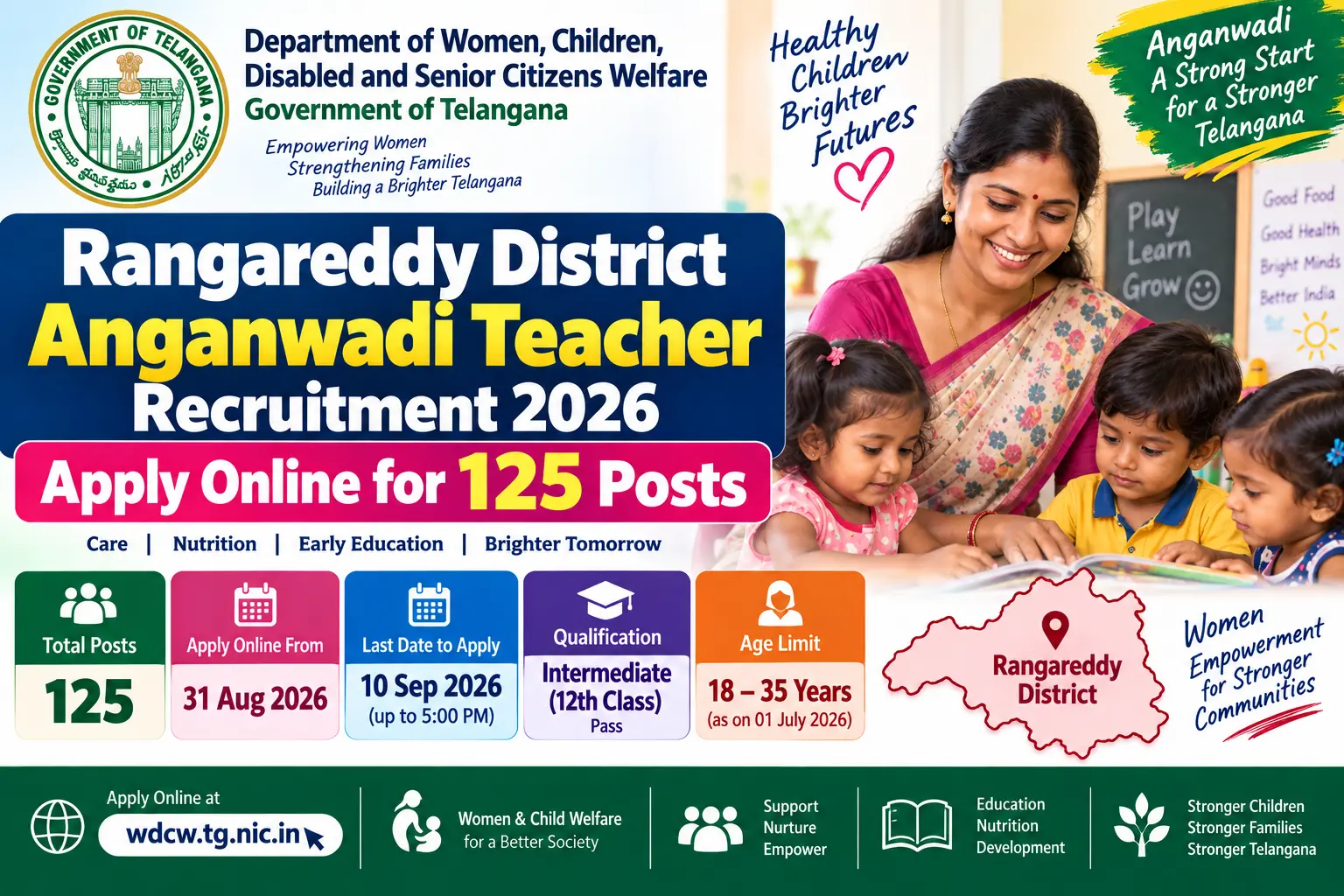 Rangareddy District Anganwadi Teacher Recruitment 2026 – Apply Online for 125 Posts Rangareddy District Anganwadi Teacher Recruitment 2026 – Apply Online for 125 Posts